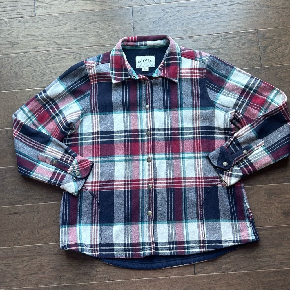 Orvis Shirt Womens  Red Gray Plaid Fleece Lined Flannel Shacket large